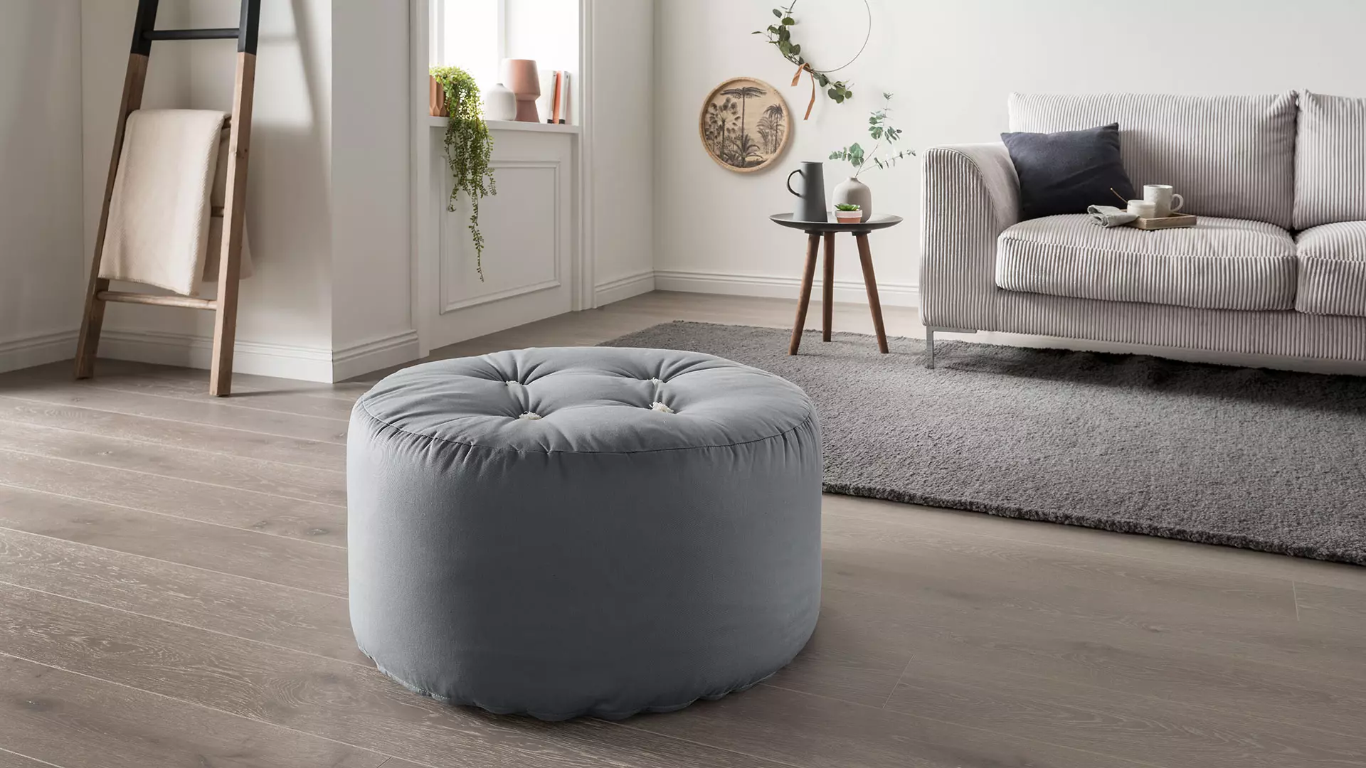 Pouf Vimo tout à fait classique en rond - hauteur d'assise élevée, couleur grise