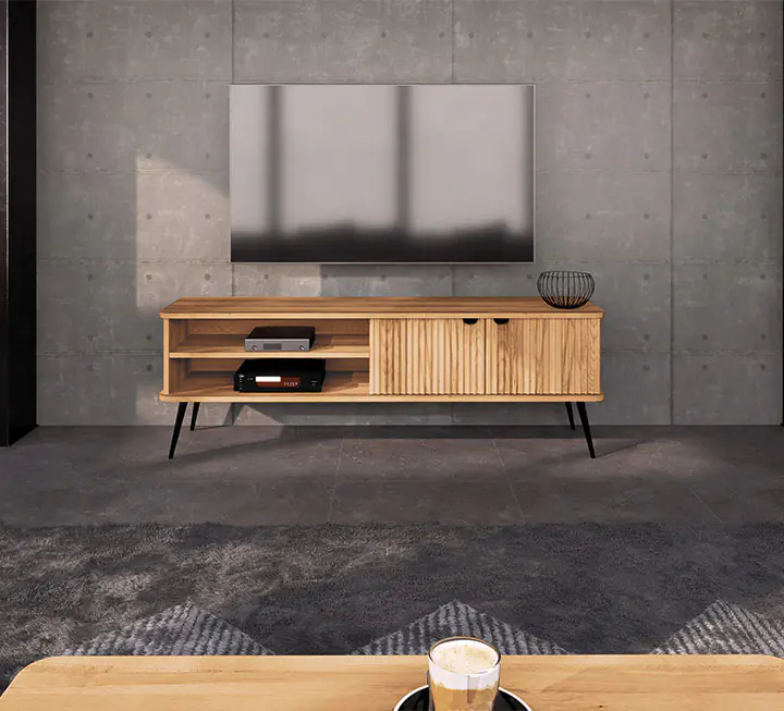 Petit meuble tv en bois massif de hêtre naturel avec tiroir