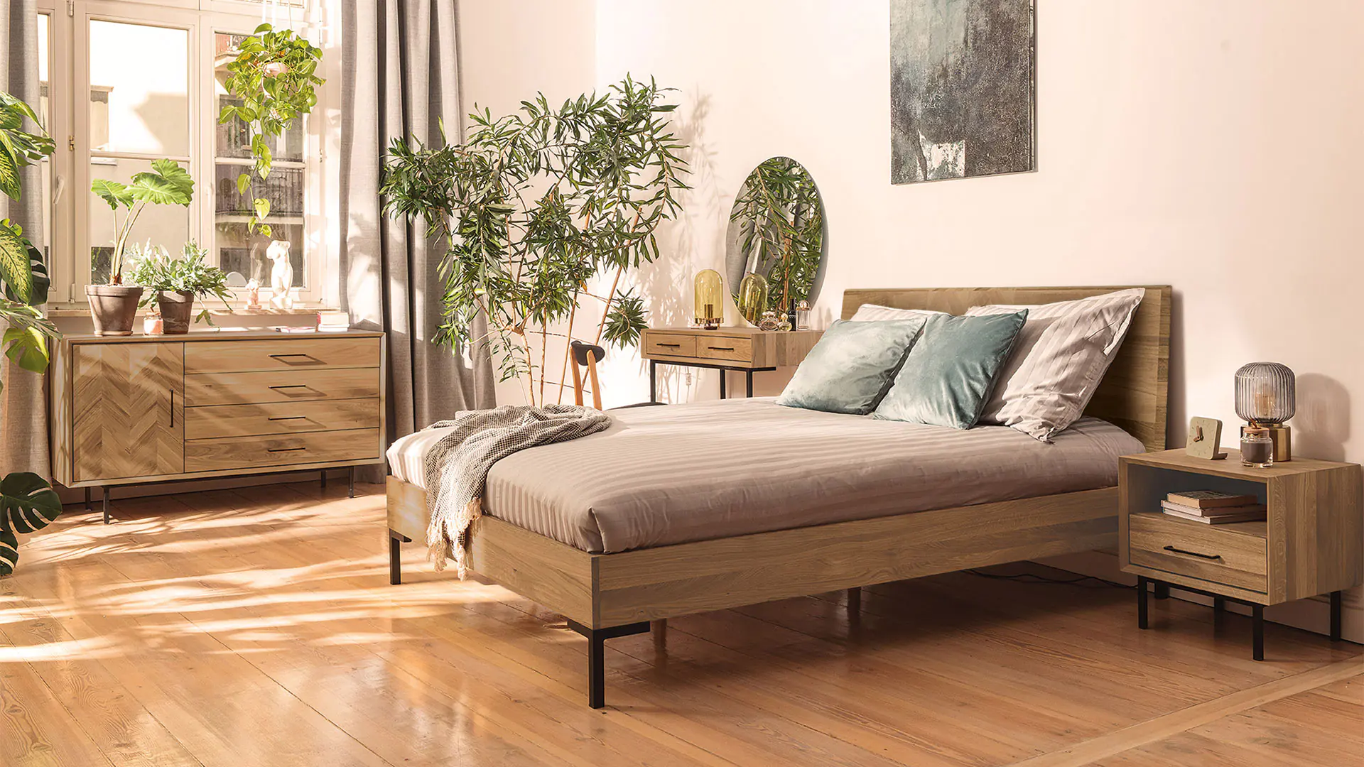 Massief houten bed Parquetta, massief wild eiken