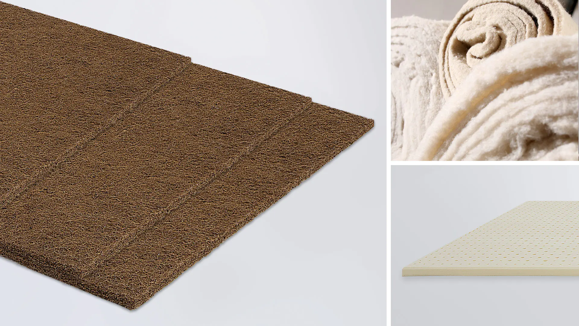 A gauche, tapis de coco, en haut à droite, couverture en coton, en dessous, plaques de latex naturel.